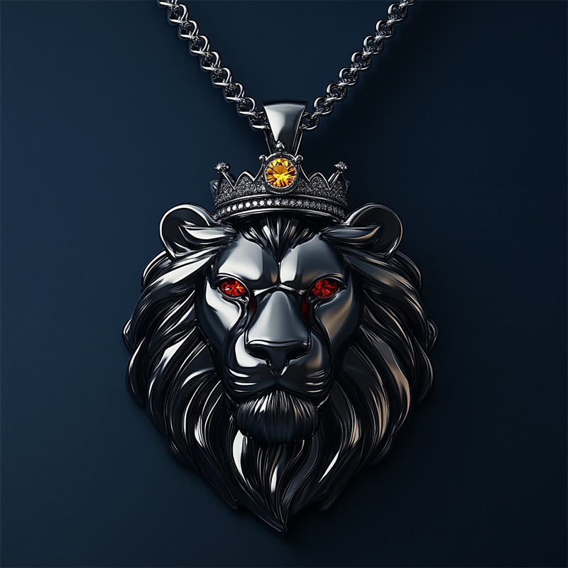 Black Gold Roaring Lion Head with Crown Pendant