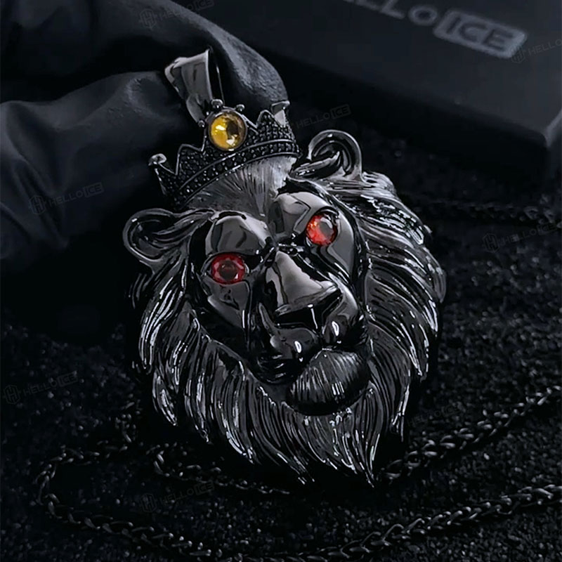 Black Gold Roaring Lion Head with Crown Pendant