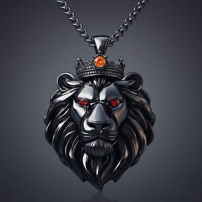 Black Gold Roaring Lion Head with Crown Pendant