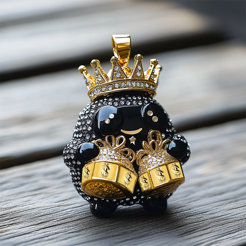 3D Lovely Black Holding Money Bag Doll with Gold Crown Pendant