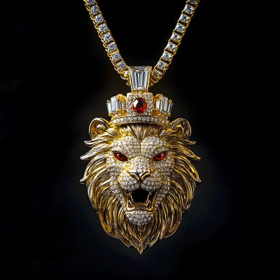 Yellow Gold Red Stone Eye Roaring Lion Head with Crown Pendant