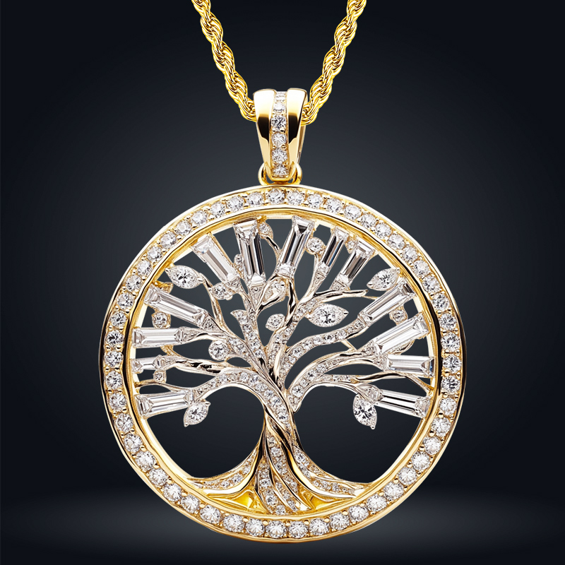 Hollow Round and Baguette Cut Tree of Life Circle Pendant