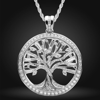 Hollow Round and Baguette Cut Tree of Life Circle Pendant