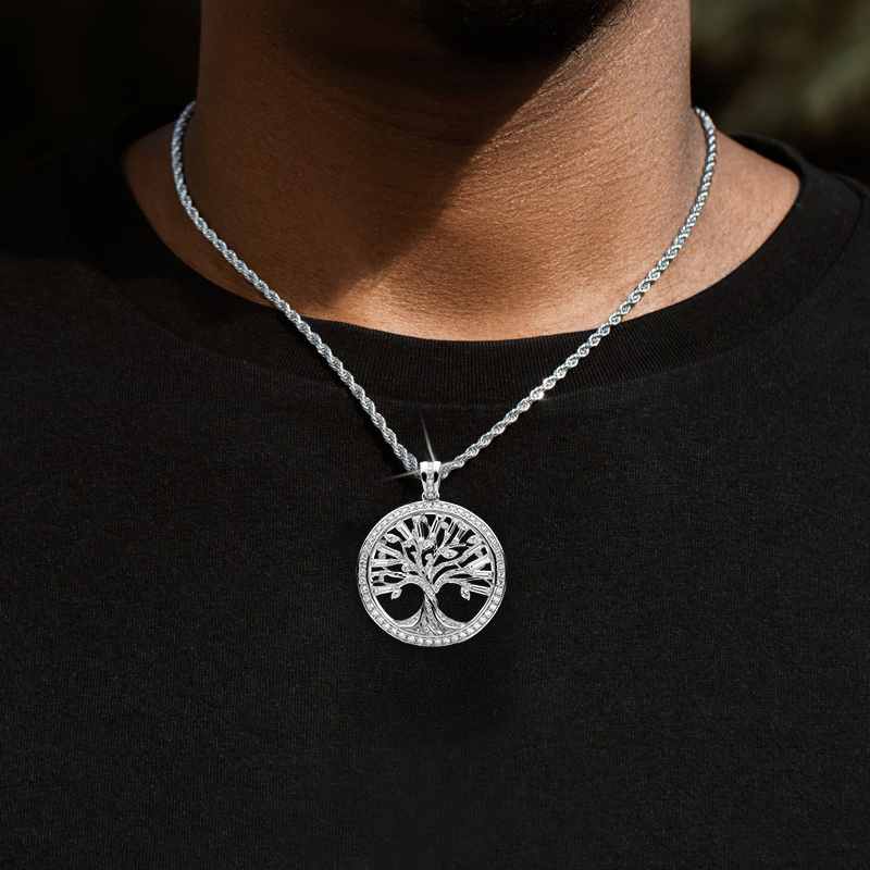 Hollow Round and Baguette Cut Tree of Life Circle Pendant