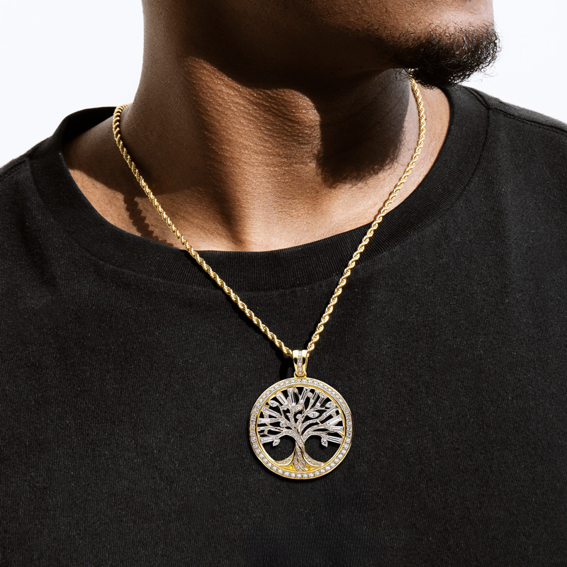 Hollow Round and Baguette Cut Tree of Life Circle Pendant