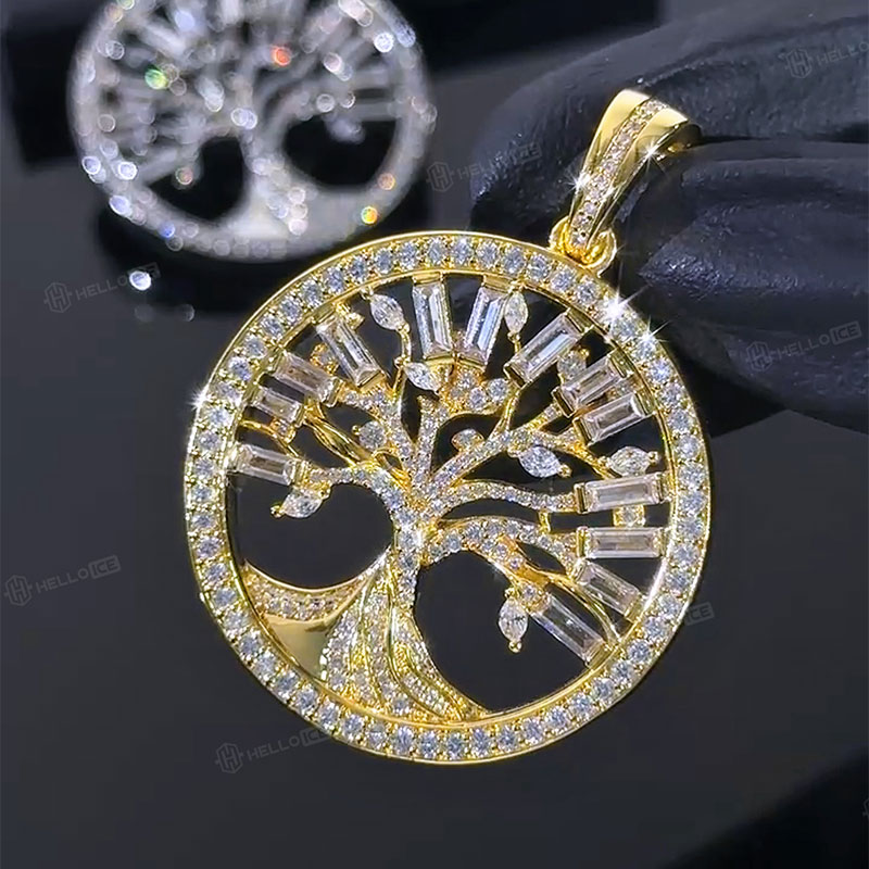 Hollow Round and Baguette Cut Tree of Life Circle Pendant