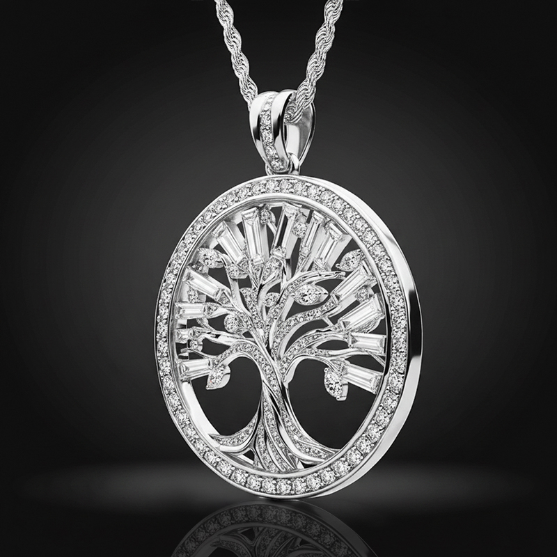 Hollow Round and Baguette Cut Tree of Life Circle Pendant