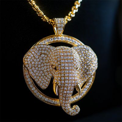 Micro Pave 3D Elephant Head Circle Pendant in Gold