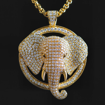 Micro Pave 3D Elephant Head Circle Pendant in Gold