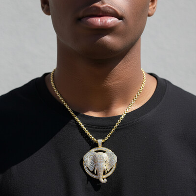 Micro Pave 3D Elephant Head Circle Pendant in Gold