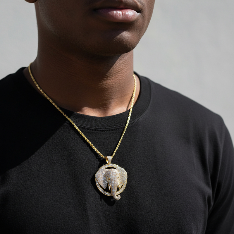 Micro Pave 3D Elephant Head Circle Pendant in Gold Micro Pave 3D Elephant Head Circle Pendant in Gold
