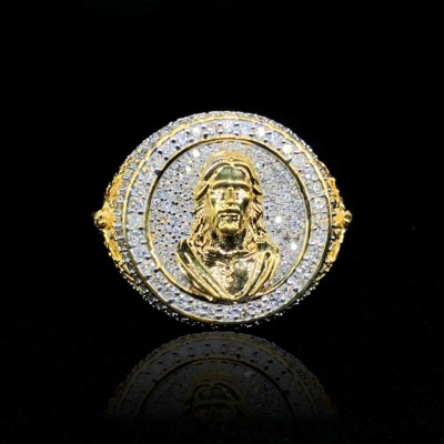 Iced Jesus Raised Crucifixion Gold Nugget Ring