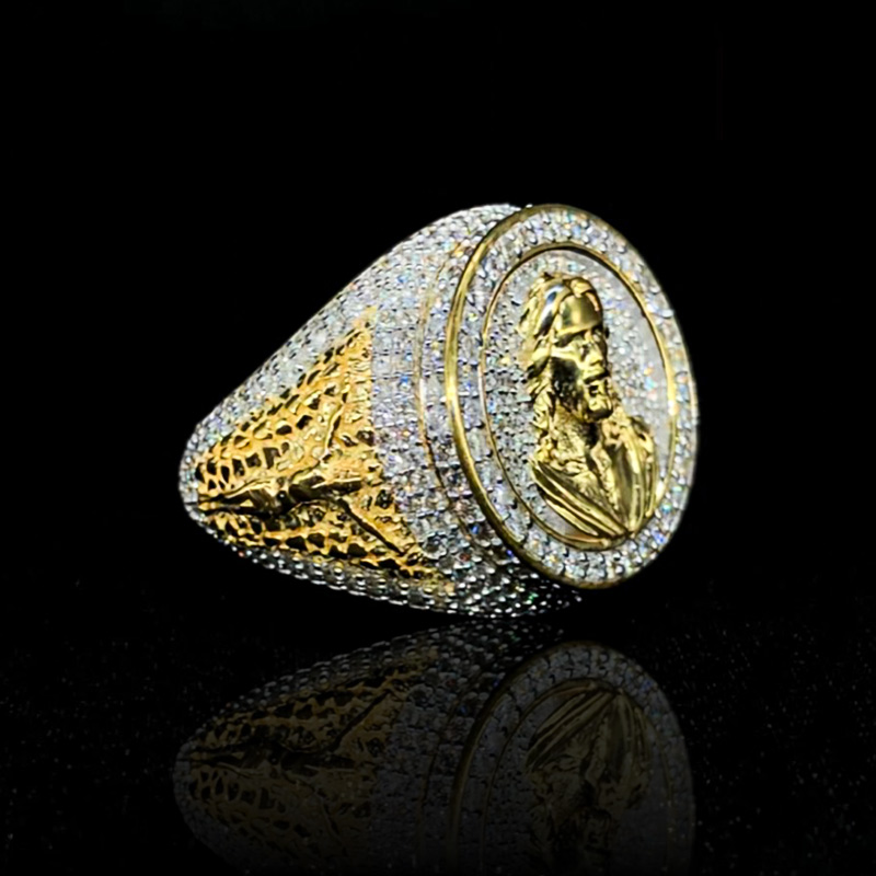 Iced Jesus Raised Crucifixion Gold Nugget Ring