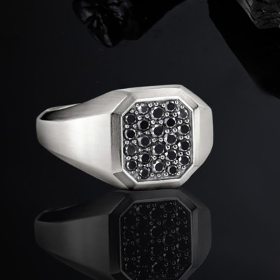 0.85CTW White/Black/Sapphire Diamond Men's Signet Ring