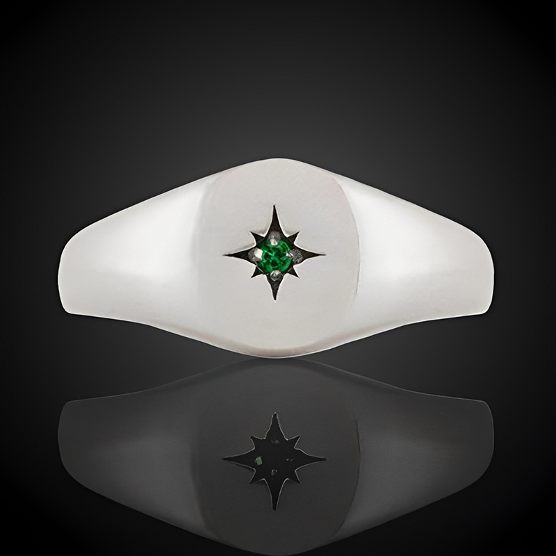 0.1 CTW Emerald Diamond Star Minimal Signet Ring