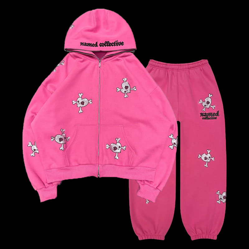 Y2K Hip Hop Heart Skull Hot Rhinestone Hoodie Set