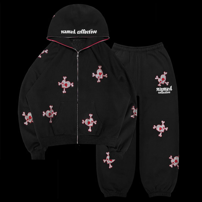 Y2K Hip Hop Heart Skull Hot Rhinestone Hoodie Set