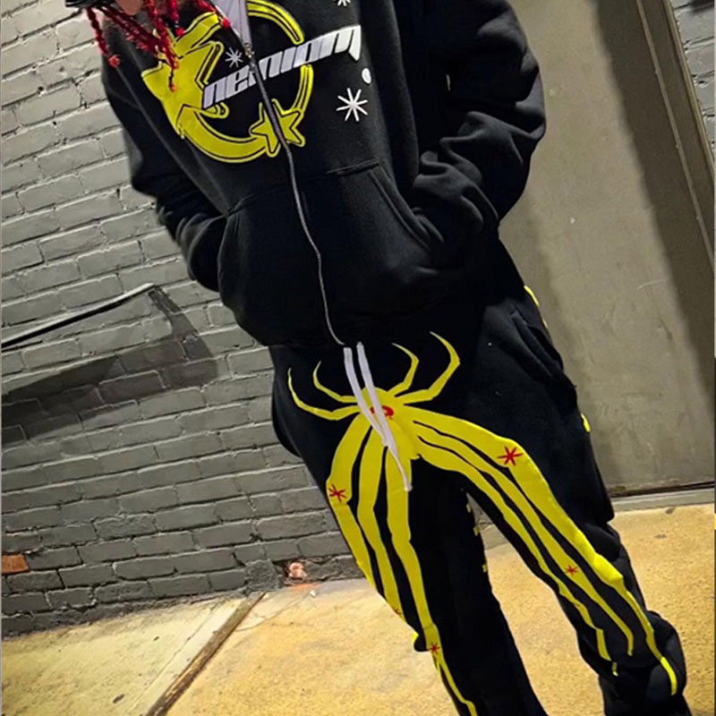 Hip Hop Star Spider Print Hoodie Set