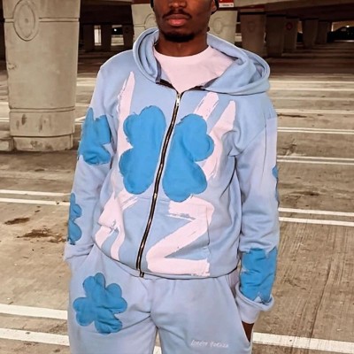 Hip Hop Style Blue Flower Letter Patch Hoodie Set