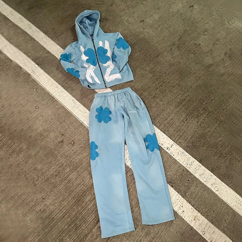 Hip Hop Style Blue Flower Letter Patch Hoodie Set