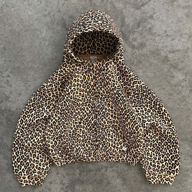 Y2K Vintage Leopard Print Digital Print Hoodie Set