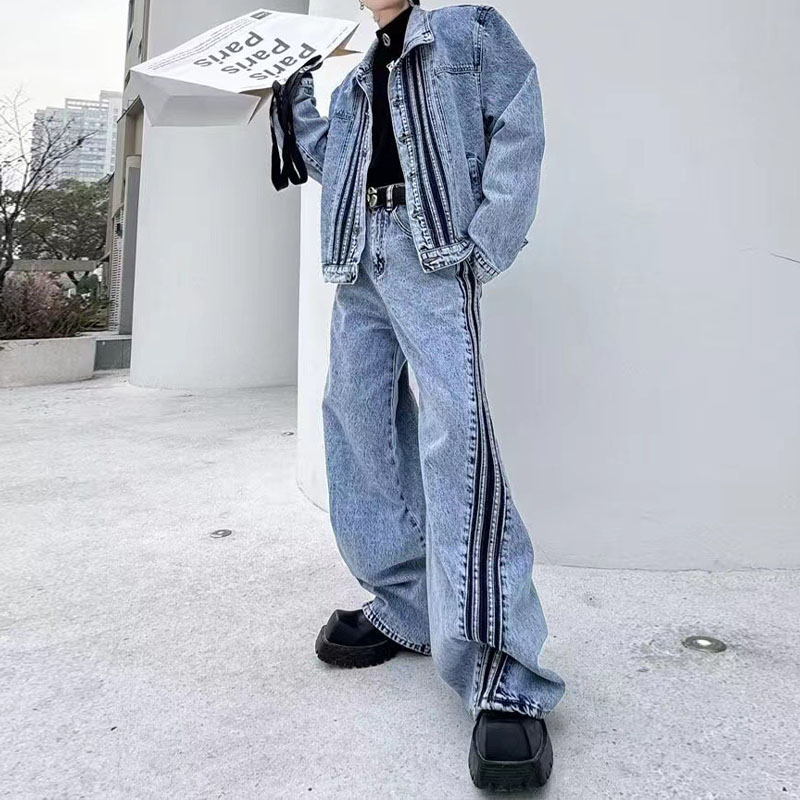 Vintage Deconstructed Striped Patchwork Denim Jacket Set