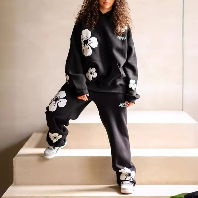 Hip Hop Floral Bubble Print Hoodie Set