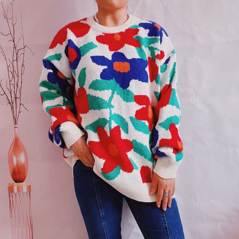 Unisex Floral Crew Neck Pullover Sweater