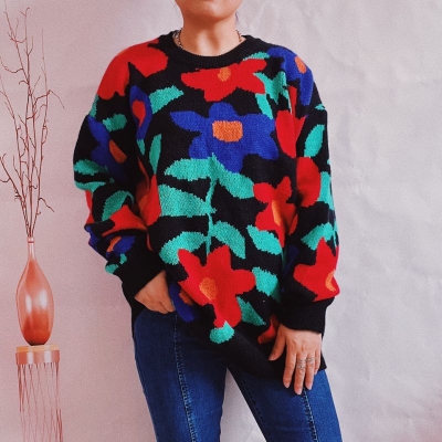 Unisex Floral Crew Neck Pullover Sweater