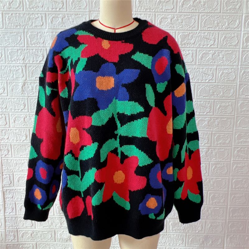 Unisex Floral Crew Neck Pullover Sweater