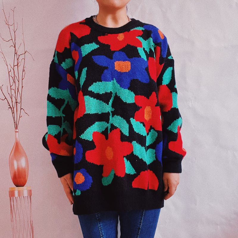 Unisex Floral Crew Neck Pullover Sweater