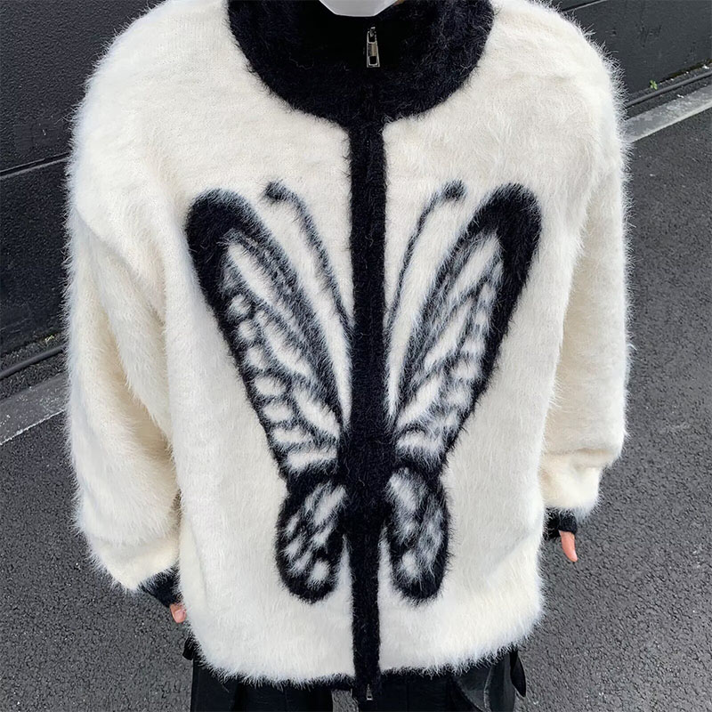 Butterfly Print Stand Collar Plush Cardigan