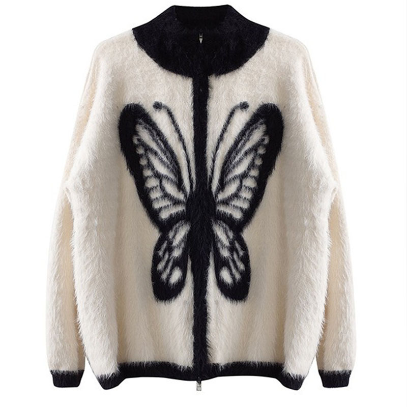 Butterfly Print Stand Collar Plush Cardigan