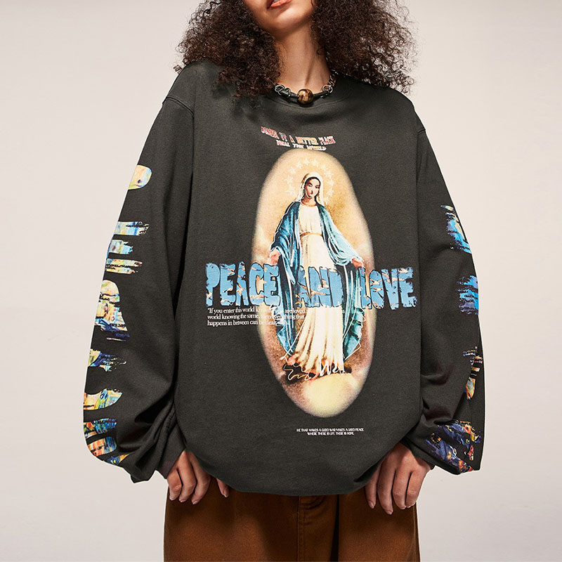 Vintage Religious Madonna Print Long Sleeve T-Shirt