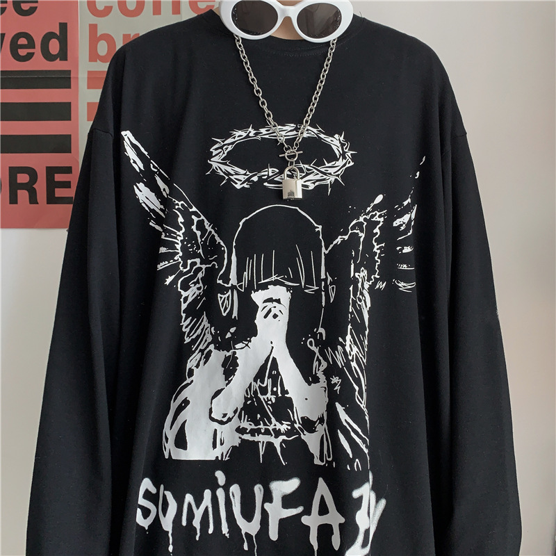 Dark Hip Hop Graffiti Letter Long Sleeve Cotton T-Shirt