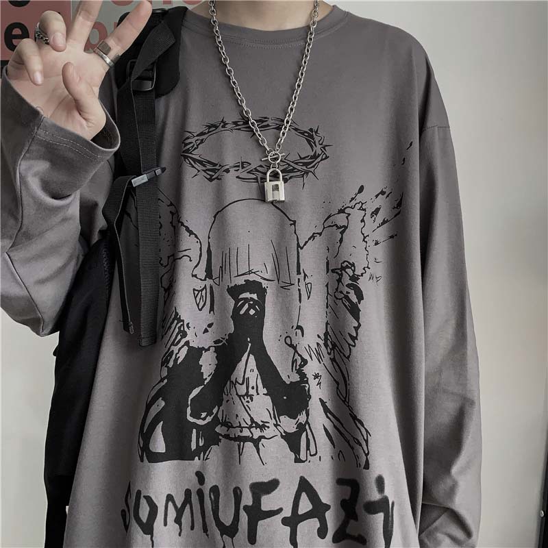 Dark Hip Hop Graffiti Letter Long Sleeve Cotton T-Shirt