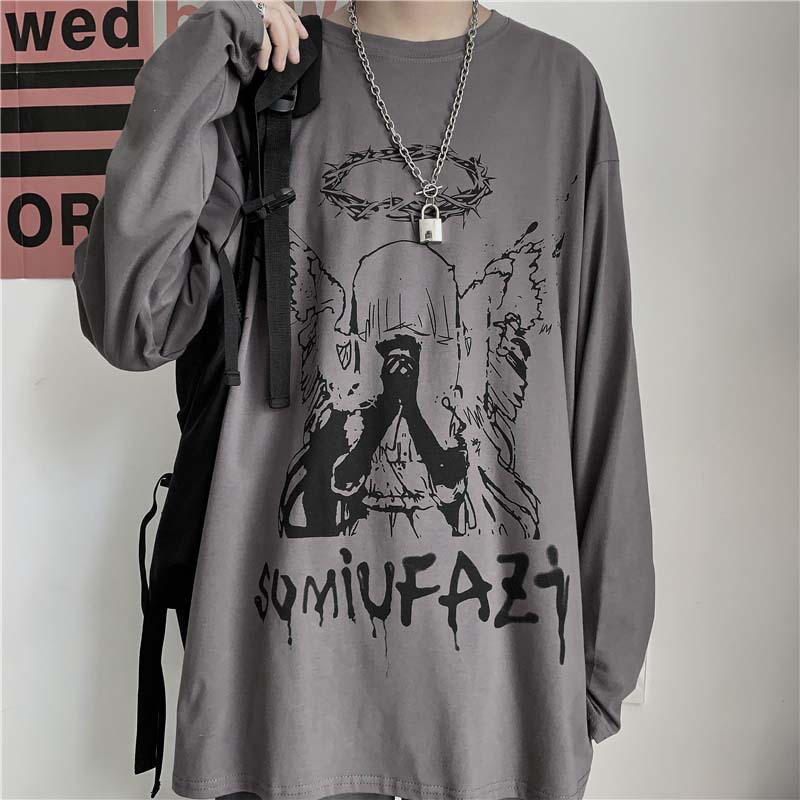 Dark Hip Hop Graffiti Letter Long Sleeve Cotton T-Shirt