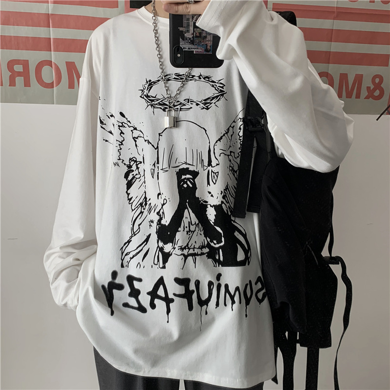 Dark Hip Hop Graffiti Letter Long Sleeve Cotton T-Shirt