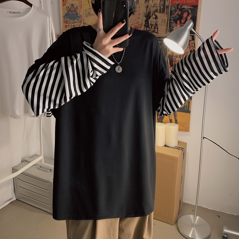 Hip Hop Striped False Two Piece Long Sleeve T-Shirt