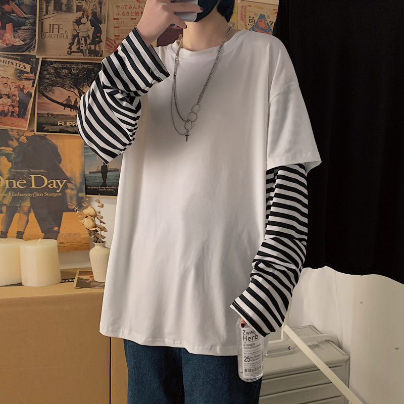 Hip Hop Striped False Two Piece Long Sleeve T-Shirt