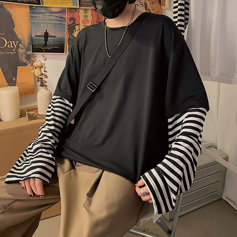 Hip Hop Striped False Two Piece Long Sleeve T-Shirt