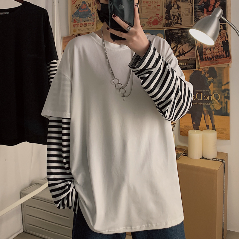 Hip Hop Striped False Two Piece Long Sleeve T-Shirt