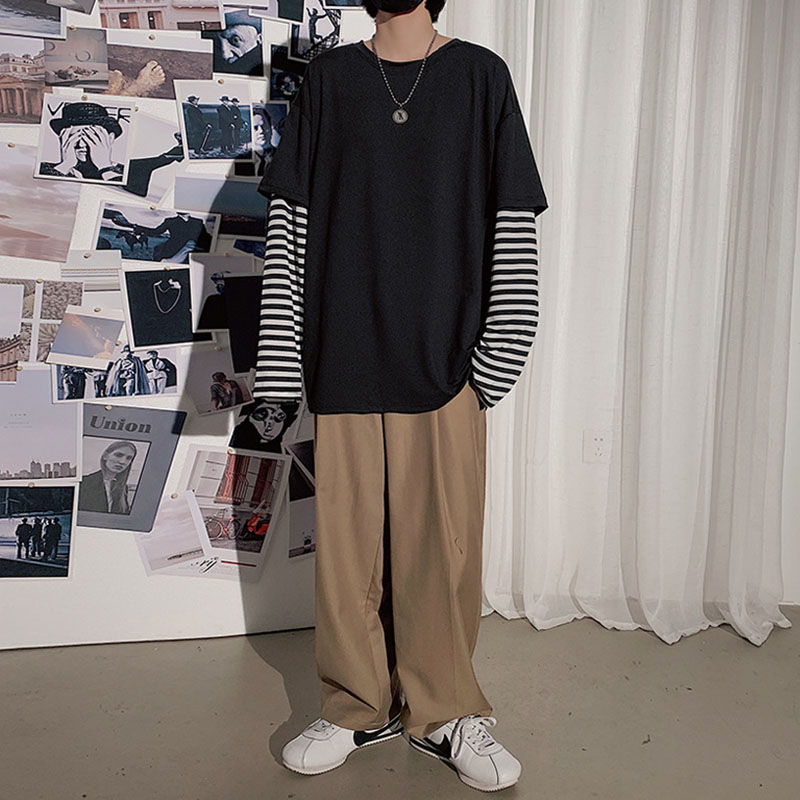 Hip Hop Striped False Two Piece Long Sleeve T-Shirt