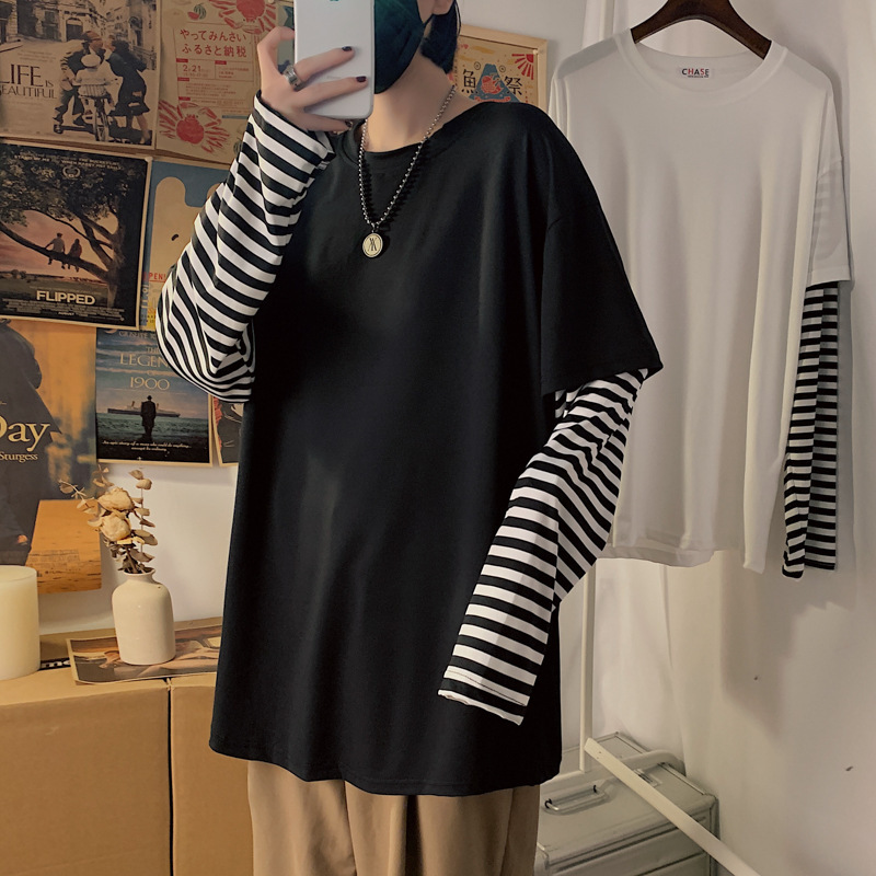 Hip Hop Striped False Two Piece Long Sleeve T-Shirt