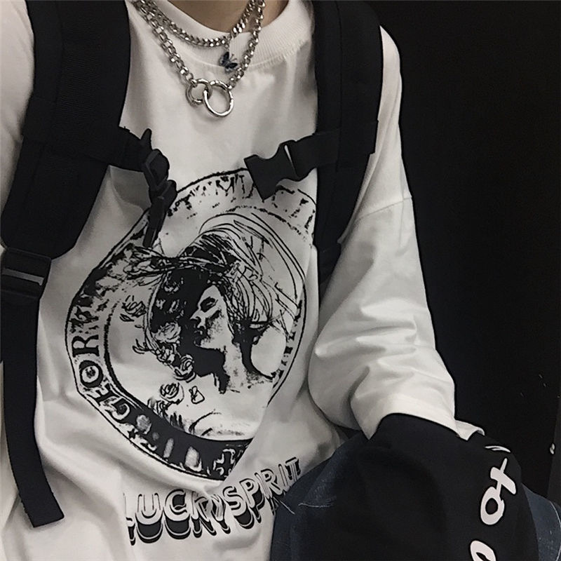 Hip Hop Anime Letter Print Long Sleeve T-Shirt