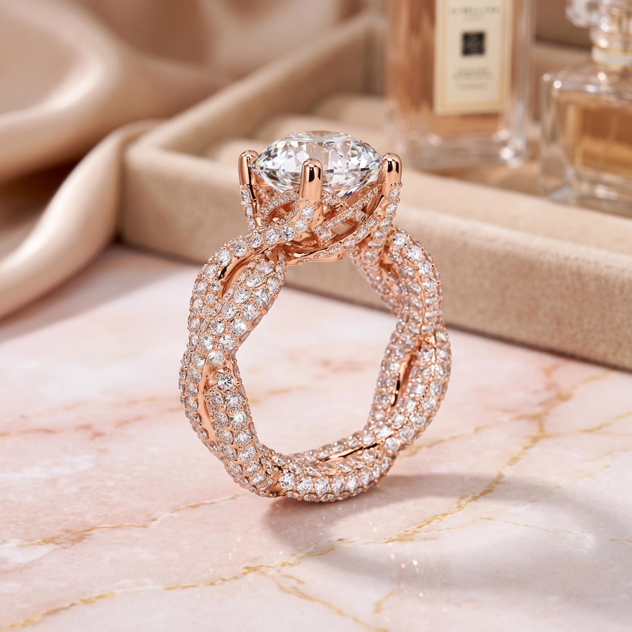 11.18ct. tw. Stunning Micro Paved Twist S925 Silver Ring in Rose Gold