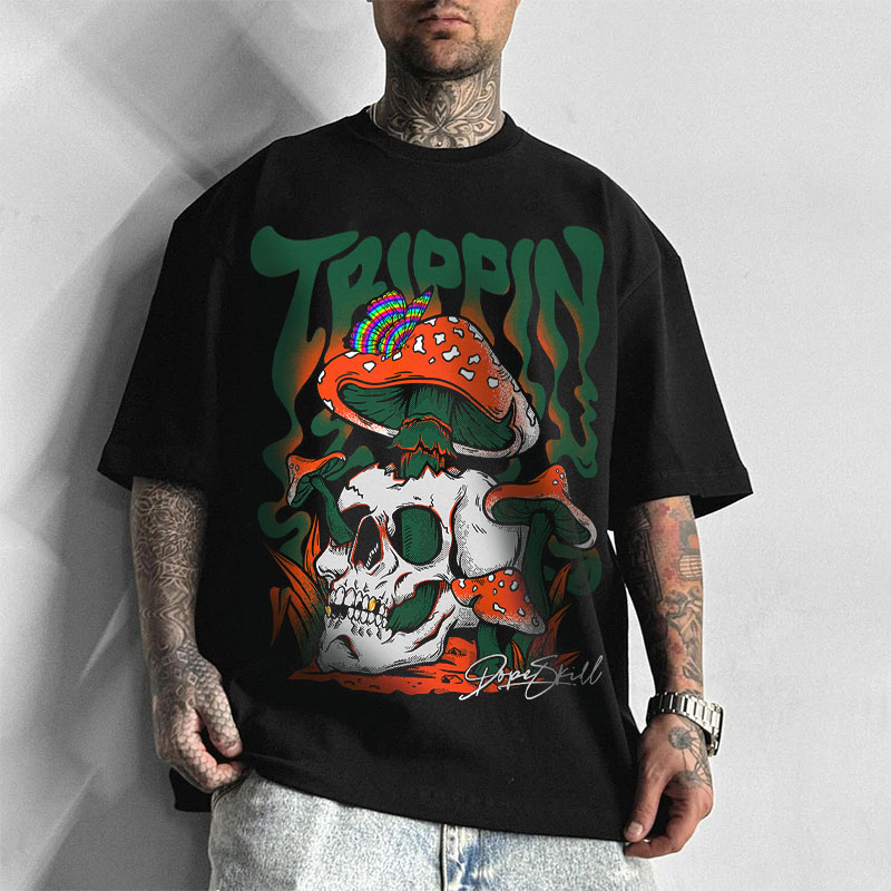 Skull Cotton T-Shirt with Mushrooms