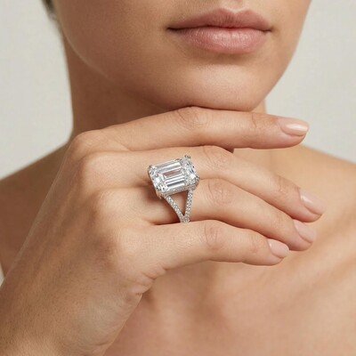 Luxury 15.8 CT Emerald Cut Halo Engagement Ring
