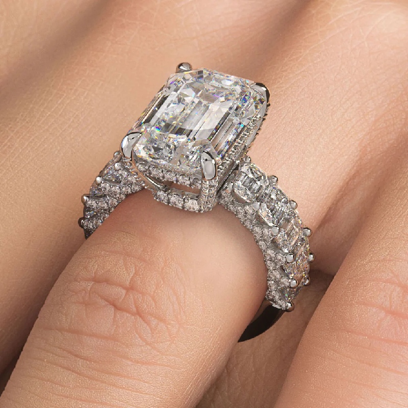 25.8 CT Emerald Cut Paved Engagement Ring in 18K White Gold