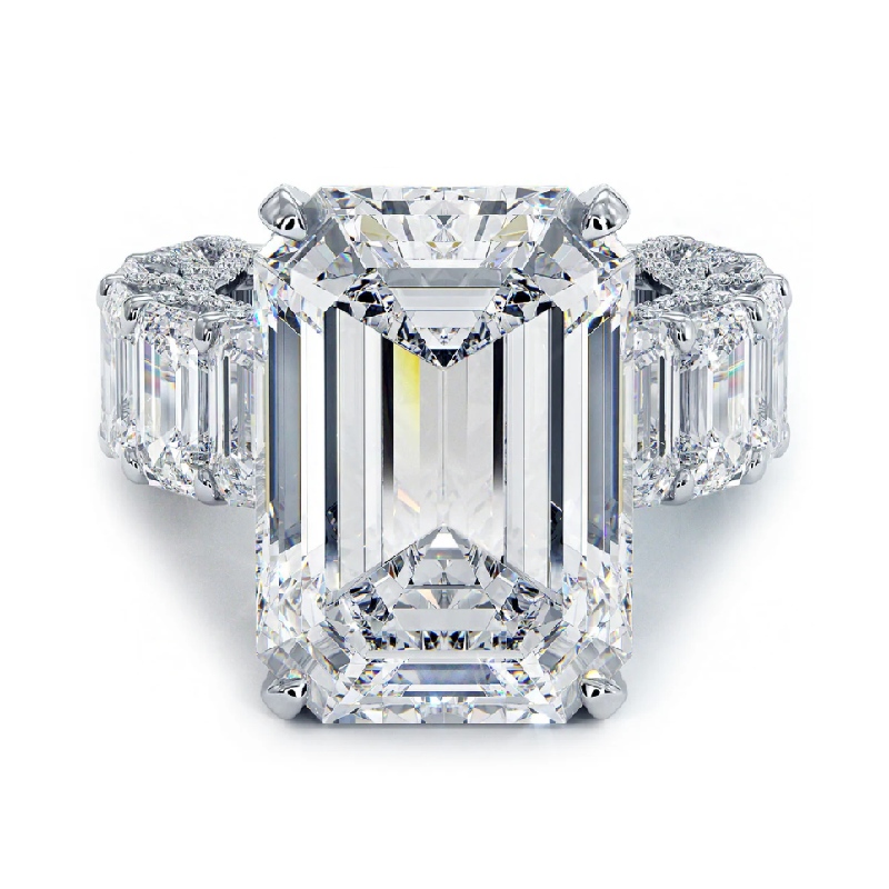 25.8 CT Emerald Cut Paved Engagement Ring in 18K White Gold